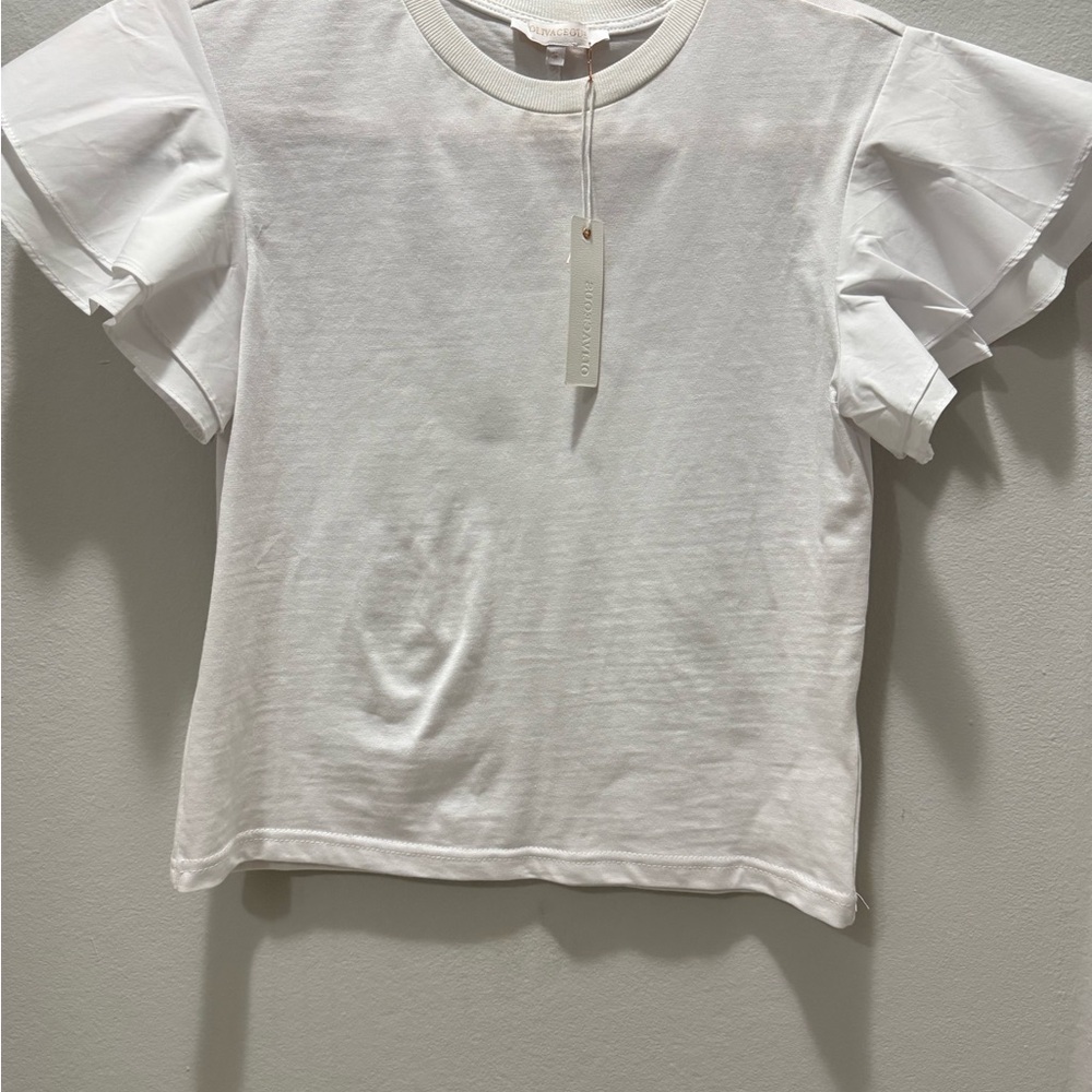 White Short Sleeve Tee with Ruffle Sleeves